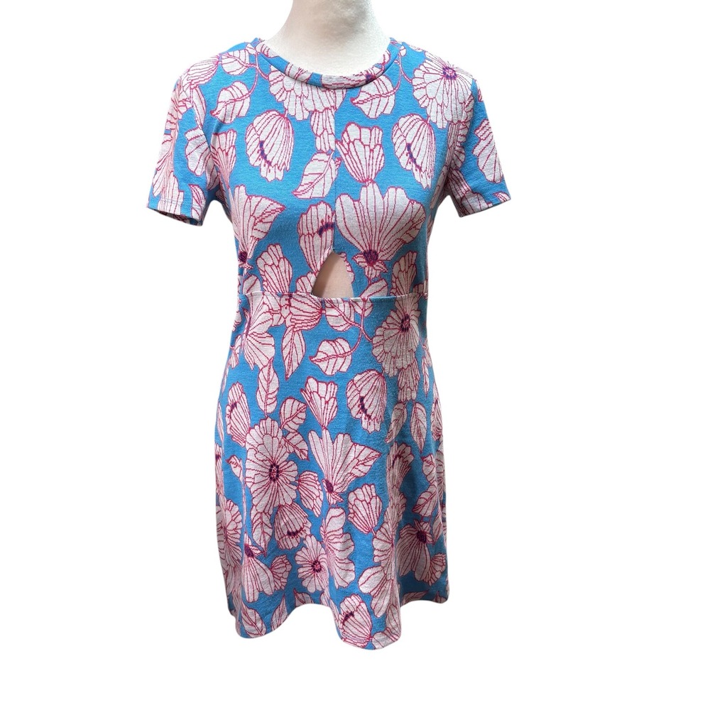 Zara Blue Pink Floral Jacquard Cutout Mini Dress‎ Short Sleeve Crew Neck Med #76